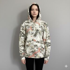 Vintage Lucky Brand Asian Cranes Birds Print Hoodie - Medium / Large